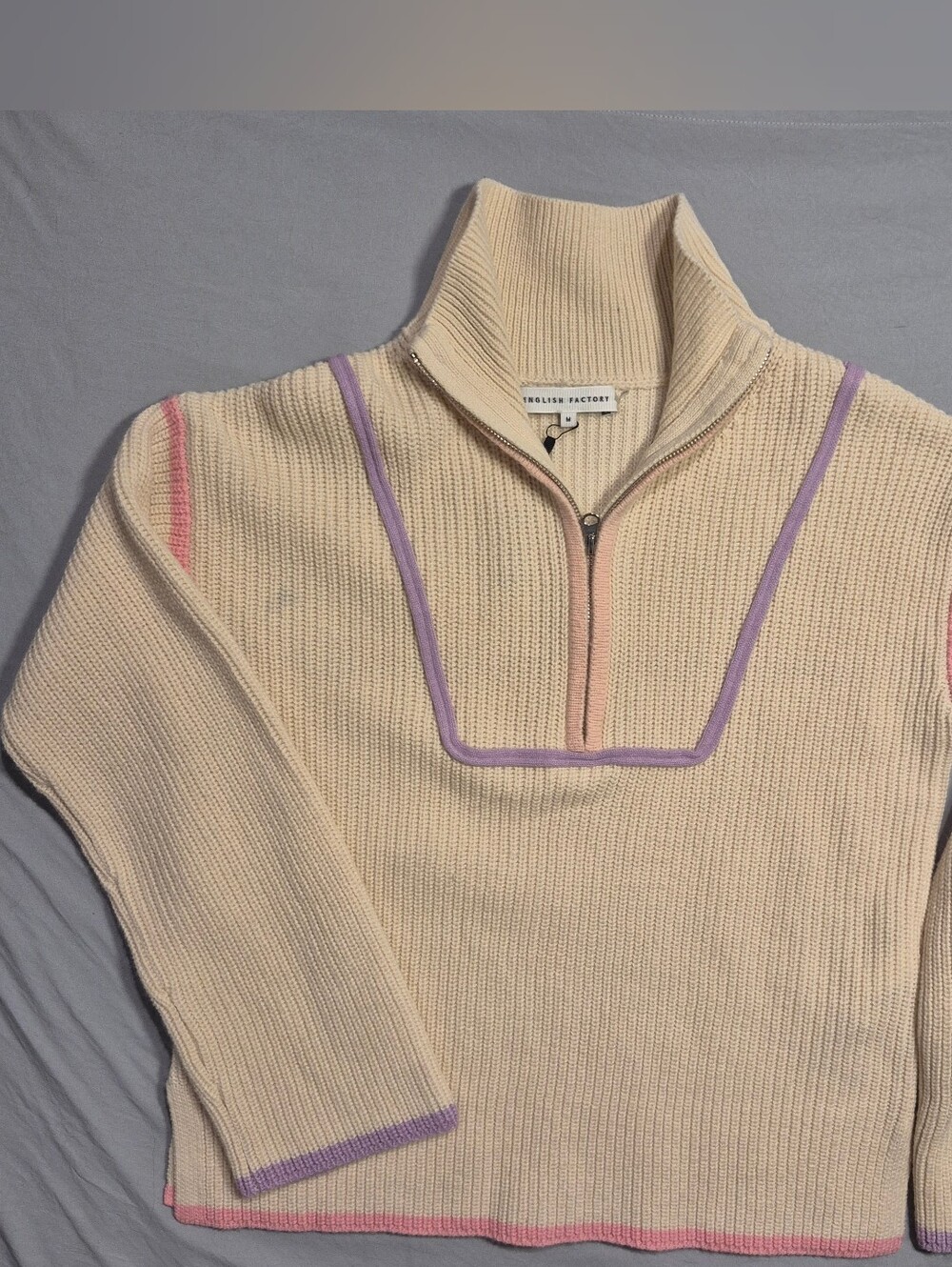English Factory Cream Half-Zip Preppy Sweater with Pink & Lavender Trim